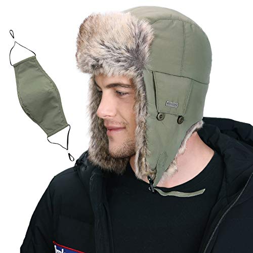 Jeff & Aimy Sombrero de aviador con solapa para las orejas, sombrero de invierno cálido de piel sintética para hombre, ruso Ushanka, verde militar