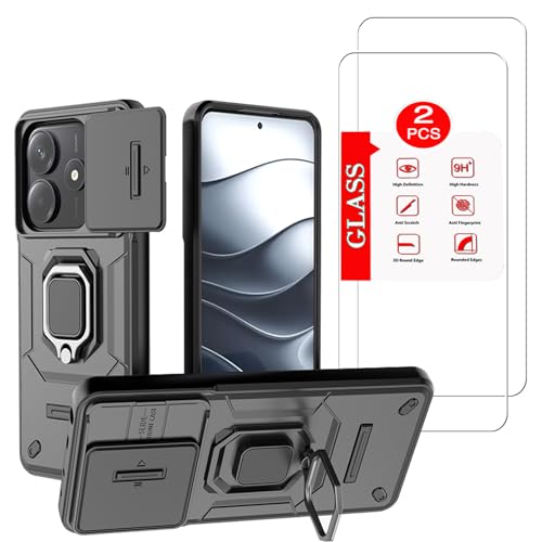 Anvzle for XiaoMi RedMi Note 14 5G Case with 2 Tempered Glass Screen Protectors, Military-Grade Protective Armor, Lens Protector, Magnetic Kickstand Black
