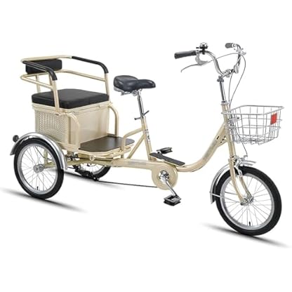 16-Zoll-Dreirad für Erwachsene, Fahrrad mit Kohlenstoffstahlrahmen, Rücksitz und Rückenlehne, dreirädriges Cruiser-Fahrrad für Senioren, Damen und Herren (Gold)