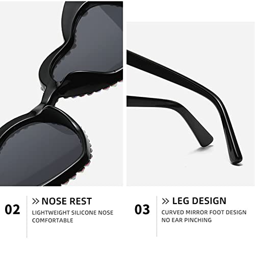 Mincl Cute Women Heart Sunglasses Fashion Shiny Bling Diamond Sunglasses Polygonal Pink Rhinestone Sunglasses Uv Protection (Black) #TOP6