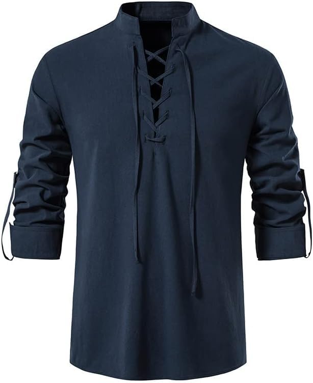 QIANLAIA Men's Cotton Linen Shirt Vintage Medieval Lace-Up Garment Classic Steampunk Long Sleeve Gothic Victorian Top（01-Navy，XL）