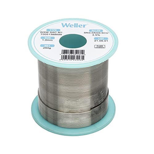 Weller WSW SAC M1 (T0051386299) Lead Free Solder Wire, Dia: 1.0 mm / 0.039 in, Wt: 500 g / 17.637 oz, Alloy Sn96.5Ag3.0Cu0.5, Flux content 3.5%