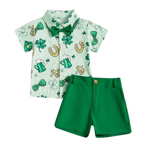Owl's-Yard Baby Boy St. Patrick's Day Outfit Shamrock Print Short Sleeve Button Down Shirt with Shorts 2 Pcs Summer Clothes (C-Green, 2-3T)
