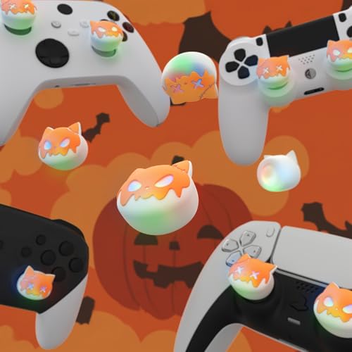 Image of PlayVital Cute Universal Illuminated LED Thumbstick Grips for ps5, for ps4, Joystick Caps for Xbox Series X /S, for Xbox One, Switch Pro Controllers, Joystick Protection - Tricky Kitty & Dorky Kitty