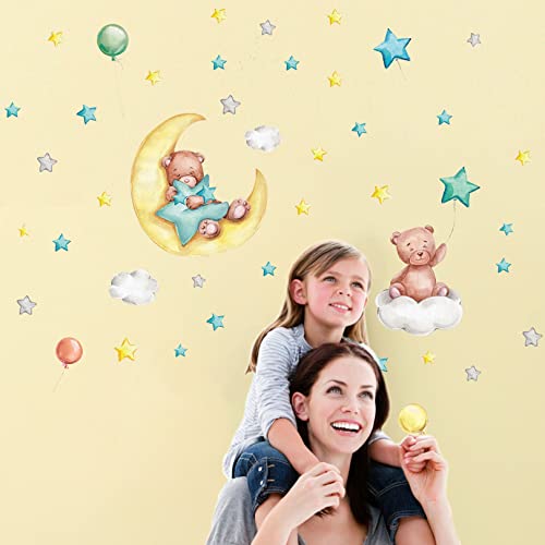 Leuchtsterne Wandtattoo Kinderzimmer Deko, Kleiner Bär Leuchtender Wandaufkleber für Kinder Schlafzimmer, Babybär Leuchtsticker Wandsticker, Leuchtmond Wanddeko Geschenk für Babyzimmer Mädchen Jungen
