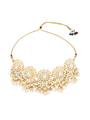 Image of Yellow Chimes Jewellery Set for Women Kundan Studded Beads Drop Choker Necklace Set with Earrings for Women and Girls