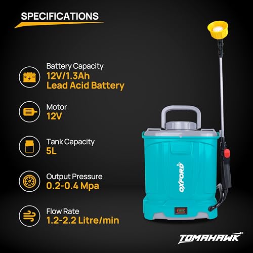 Image of Tomahawk Oxford ELE-0512 12V Battery Operated Sprayer 5L | Built-in 1.3Ah Battery | 1.2-2.2 L /Min Flow | 0.4MPa Pressure 4 Nozzles, Extendable Lance, Battery Indicator Agriculture & Garden Sprayer