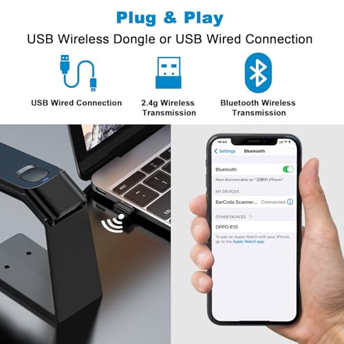 Escáner de código de barras inalámbrico 2D QR con soporte automático recargable 3