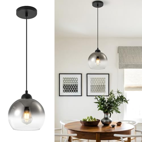 MIAOMEIO Modern Gradient Smoke Gray Glass Pendant Light，7.8-Inch Globe Adjustable Hanging Pendant...