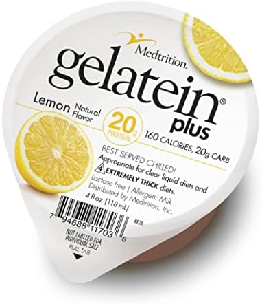 ProSource Gelatein Plus Lemon: 20 grams of protein. Ideal for clear liquid diets, swallowing difficulties, dialysis and oncology. Great pre or post-workout snack. (12 pack) …