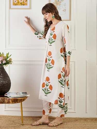 Image of INDO ERA Women's Pure Cotton Floral Printed A-Line Kurta & Pant Set | Co Ord Set For Women Stylish