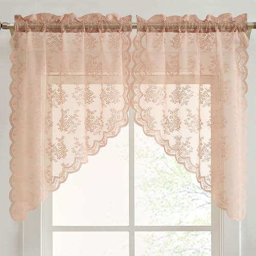 Jolene Lace Swag Curtains, Kitchen Valance - Blush Pink, 28x36, Set of 2