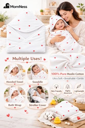 Image of Baby Hooded Wrapper for Newborn, 100% Muslin Cotton Hooded Towel & Blanket, 75x75 cm, 4 Ply, Ultra Soft & Absorbent Bath Towel for Infants & Toddler, Natural Dyes, Pack of 1