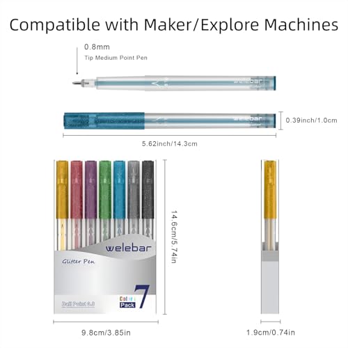 Welebar Glitter Gel Pen Set Compatible with Cricut Maker 3/Maker 4/Maker/Explore 3/Explore 4/Air 2/Air, 0.8 Tip Glitter Pen Set of 7 Pack Medium Point Pen, Writing, Drawing, Invitations, Cards