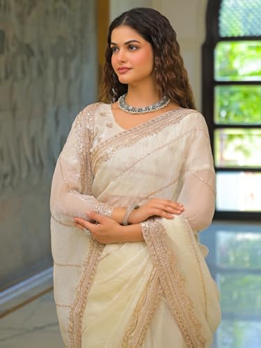 Image of Satrani Women's Shimmer Chiffon Scalloped Border Sequins Embroidery Saree with Unstitched Blouse Piece