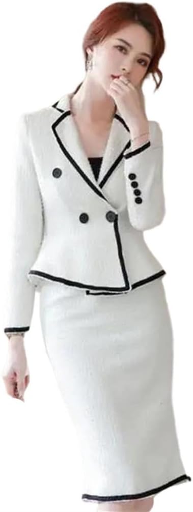 Women's Business 2 Piece Set Long Sleeve Woolen Slim Blazer with Skirt Elegant Office Workwear Outfit