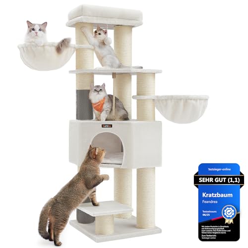 Feandrea Kratzbaum, mit warmen Decken, für große Katze, Katzenbaum, 2 Katzenbürsten, 11,1 cm d Dicke Stämme, große Plattformen, Höhle, 50 x 50 x 160 cm, cremeweiß-beige PCT003W02