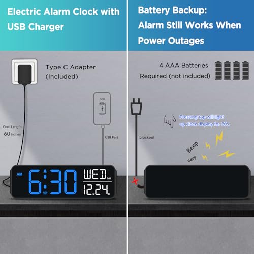 Image of Peakeep Large Display Digital Alarm Clock for Bedrooms, Date Day of Week Calendar Desk Table Clocks for Living Room Office, Dimmable Plug in Electric Clock, 5 Volumes, Loud, Auto DST