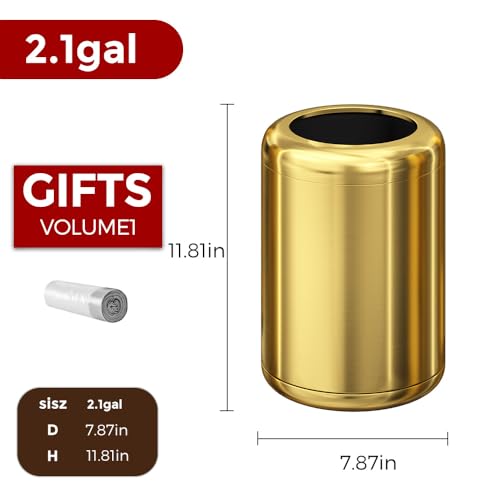 Image of 8L /2.1gal Brass Gold Trash Can,Small Bathroom Garbage Can,Brushed Trash Can for Bathroom,Powder Room,Bedroom,Office (Gold)