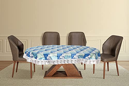 Image of The Furnishing Tree Waterproof PVC Oval Shaped 10 Seater Table Cover WxL 60x120 inches Surface Pattern Blue with White Border lace