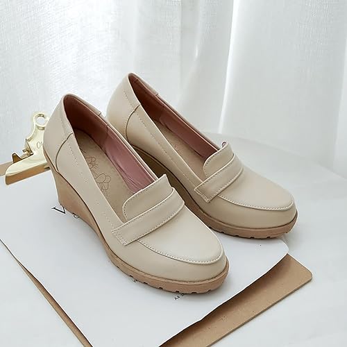 Women's Slip on Round Toe Wedge Pumps,Fashion Hand Stitching Cozy Hiking Platform Loafers Office Work Wedding Party Dress Elegant High Heel Shoes3