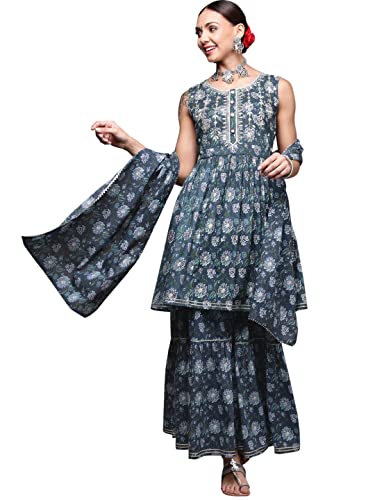 Ensemble kurta sharara femme coton bleu marine costume ethnique floral chic grande taille XL