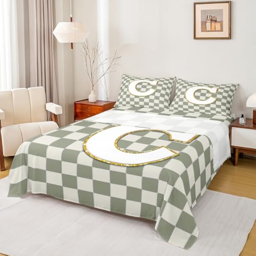 Image of Erosebridal Sage Green Checkered Bedding Set Queen Plaid Initial C Bed Sheets Personalized Monogram Sheet Set Kids Boys Girls,Fashion Grids Gingham Fitted Top Sheets 4 Piece