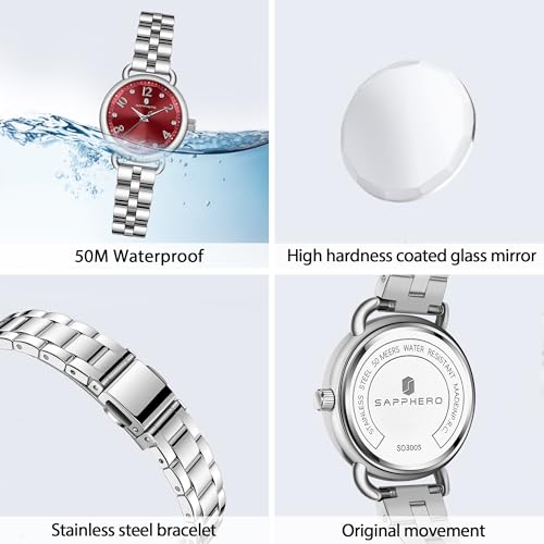 Image of Sapphero Ladies Watch Easy to Read Wristwatch, Women's Quartz Watch with Stainless Steel Strap, 5 ATM Waterproof, Classic Elegance Women Business Waterproof Watch