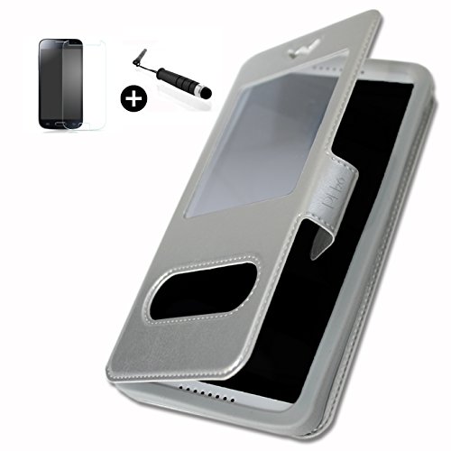 Alcatel One Touch Pop 3 (5 pulgadas) Super Pack Premuim funda ventanas funda carcasa folio plata PU + Mini lápiz capacitivo Screen Touch + cristal templado dureza 9H, ultra mince 0.20 mm antiarañazos y antihuellas haute réponse alta transparencia by PH26 ®