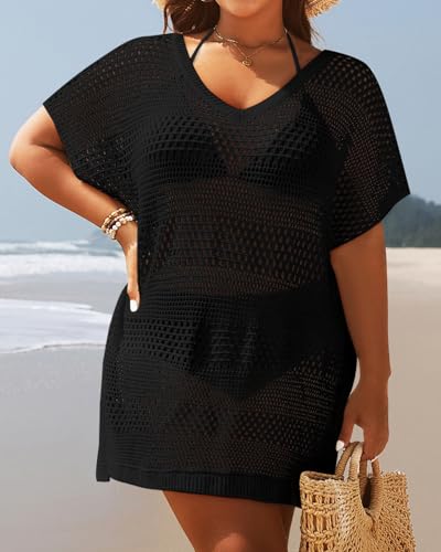 Yonique Plus Size Swimsuit Cover Up - Crochet Swim Cover Up 2025 Bathing Suit Short Sleeve Beach Dress3