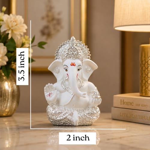Image of Gold Art India Ganesha Idol 999 Silver Plated White Finish Lord Ganesh Murti for Home Decor, Car Dashboard, Mandir & Office | Premium Ganesh Statue for Diwali, Wedding & Spiritual Gift | 3.5 Inch