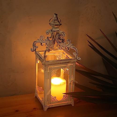 Needomo Christmas Lantern Decorations Indoor, 16" White Hanging Lantern Outdoor, Vintage Metal Large Decorative Candle Lanterns For Patio, Front Porch, Table, Home Decor Candle Holder With Clear Glass #TOP2
