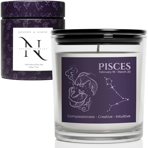 Pisces Scented Candle - Jasmine & Lavender Essential Oils Zodiac Candles Gifts for Women | Soy Wax Vegan Candles Gifts for Women Birthday Present for Mum Candle for Men Mother's Day - Natura Candels