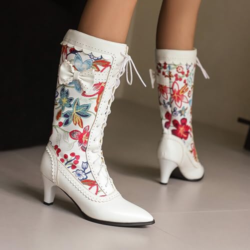 Alyaafifa Lace Up Mid Calf Victorian Boots for Women Kitten Low Heel Closed Round Toe Vintage Gothic Long Boots with Bow Zipper Matte Leather Dress Shoes Comfortable2