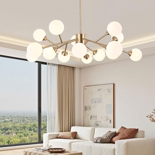 MKONOL 15-Lights Gold Sputnik Chandelier Mid Century Modern Sputnik Light Fixtures Brushed Brass Chandelier Ceiling Light White Glass Ball Sputnik Pendant Lights by MKONOL - Used condition - Image 6