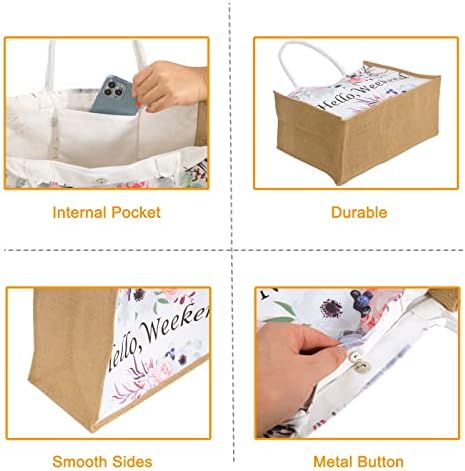 Women's Tote Handbags FACHNUO Canvas Large Jute Shoulder Bag with Rose Flower Printing, Weaving Gift Tote Bag for Girls, Women, Spring, Weekend, Beach, Picnic, Outing 4 Women's Tote Handbags FACHNUO Canvas Large Jute Shoulder Bag with Rose Flower Printing, Weaving Gift Tote Bag for Girls, Women, Spring, Weekend, Beach, Picnic, Outing