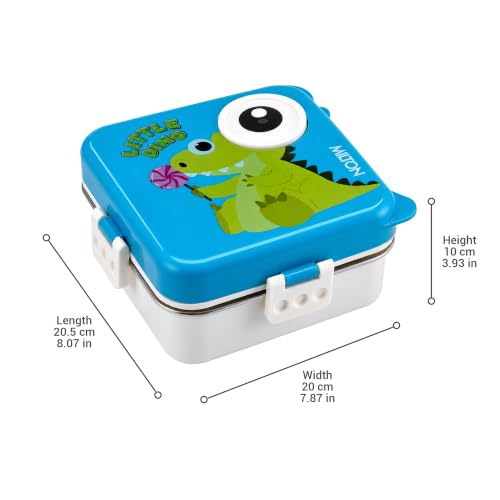 Image of MILTON Dino Pop Bento Stainless Steel Lunch Box, 3 Compartments, 4-Side Lock, with Tray, Spoon, Fork & Container for School, Office, Travel, BPA Free, 1120 ml + 70 ml, Blue