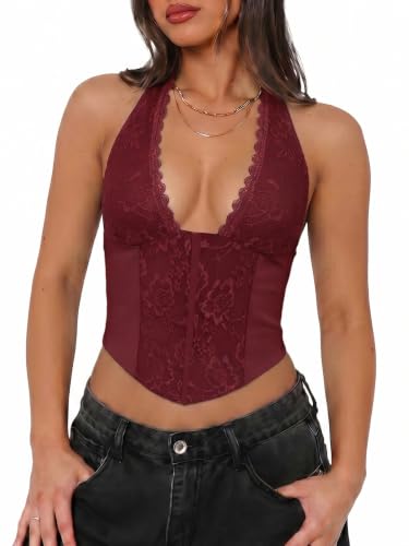 UNCOOYEE Women Summer Sexy Lace Halter Neck Tank Top Sleeveless Backless Y2k Trendy Going Out Corset Crop Tops Ancora Red Small