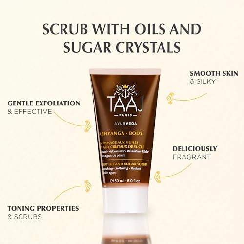 TAAJ | Face & Body Scrub with Oils & Sugar Crystals | Gentle Exfoliation & Cleansing | Smooths, Softens & Boosts Radiance | Ayurvedic-Inspired Skincare | Nourishing oils | 87% natural| 5.1 fl oz