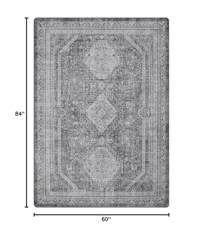 GENIMO 5x7 Area Rug for Living Room, Non Slip Machine Washable Low Pile Large Rug, Gray Indoor Vintage Lightweight for Bedroom, Dining Room & Home Office