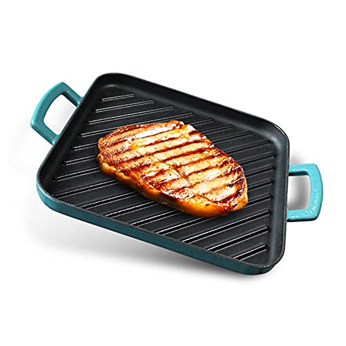KELUNIS Enameled Cast Iron Rectangular Skinny Griddle, Nonstick Grill Pan, 13" x 10.2",Blue