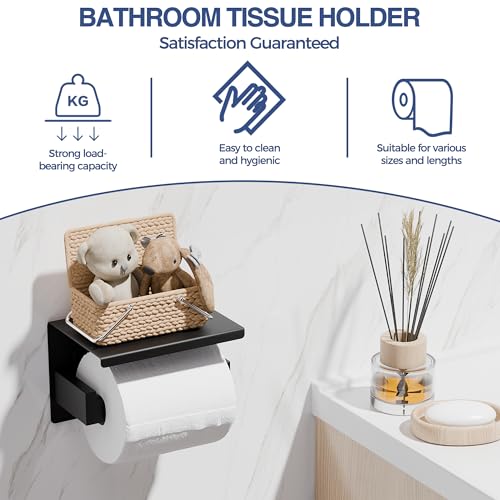 Aikzik Klopapierhalter ohne Bohren, Toilettenpapierhalter und 2 Stück Klebehaken, Edelstahl Klorollenhalter, Wc Papier Halterung Rollenhalter mit Kleber für Badzimmer, Schwarz