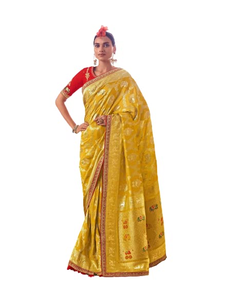 THATH BANARAS Women's Printed Pure Dola Silk Saree with Fancy Lace Border (Color:-Yellow & Red)