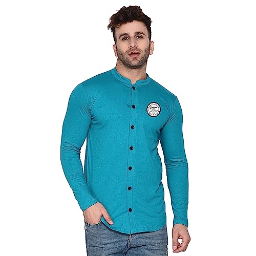 Image of Geum Men's Mandarin Collar Shirt | Slim Fit Full Sleeve Casual Shirt with Printed Chest Logo | Soft Cotton Blend Stylish Button Down for Party, Office