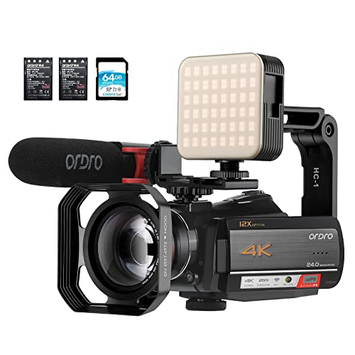 4K Video Camcorder ORDRO AC5 1080P 60FPS YouTube Video Livestream Camcorder, 12X Optical Zoom Video Camera, UHD Video Recorder with Microphone, Wide Angle Lens, 64G SD Card,Camera Bag