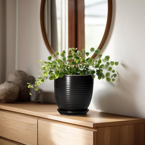 EPFamily 6 Inch Plant Pot - Ceramic Planters for Indoor Outdoor Plants, Modern Flower Pots with Drainage Hole and Saucer, Round Ceramic Planter, Office Room Decor, Gifts for Plant Lovers, Matte Black by EPFamily - Used condition - Image 3