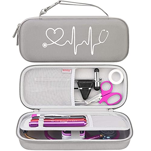 BOVKE Hard Stethoscope Case for 3M Littmann Classic III, Lightweight II S.E, Cardiology IV Diagnostic, MDF Acoustica Deluxe Stethoscopes - Extra Room for Taylor Percussion Hammer and Penlights, Gray