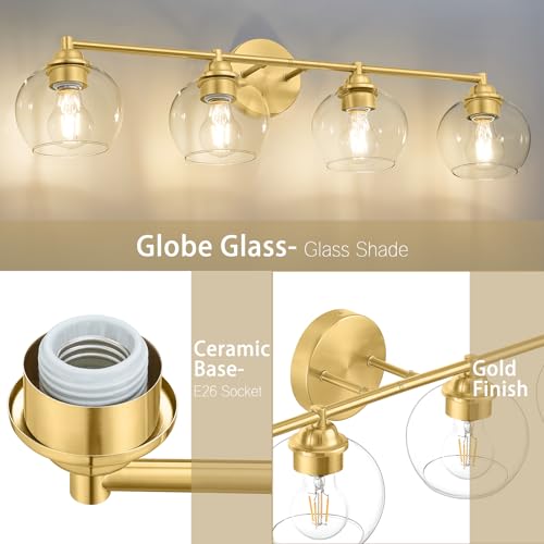 Image of Brushed Gold Bathroom Light Fixtures,4-Light Vanity Lights with Clear Glass,Mid Century Modern Bathroom Light Fixture Over Mirror