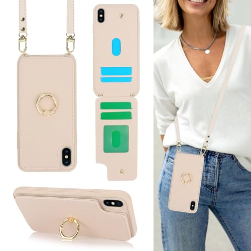 Image of for iPhone Xs Max Phone Case with Card Holder and Strap for Women,Crossbody Lanyard,Kickstand Ring Stand,Snap Clasp,Phone Wallet Cases 6.5 inch(Beige)
