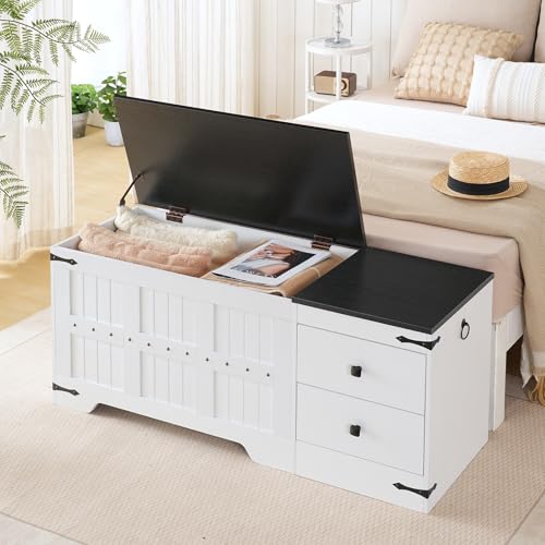 HOOBRO Wooden Toy Storage Bench, 120cm Storage Chest with Dual Drawers, Large Shoe Bench Storage Chest Trunk with Safe Hinge, Extra-Long Thick Top, Easy Assembly, White and Black WB212CW01UK